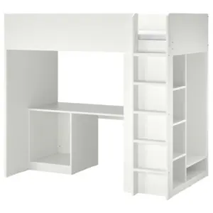 SMÅSTAD สมวสตัด โครงเตียงสูงพร้อมโต๊ะและที่เก็บของ - สีขาว